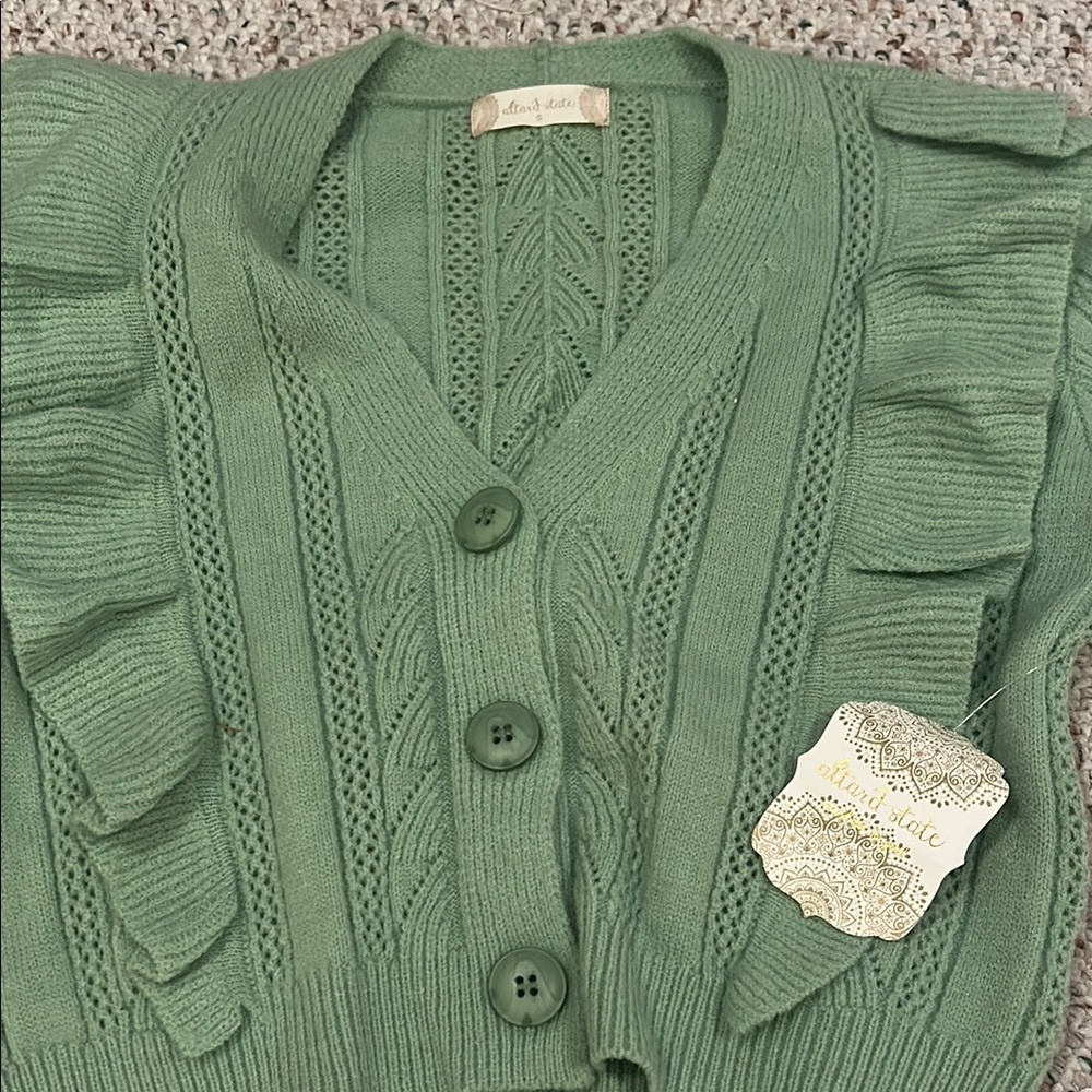 Altar'd State Green Ruffled Cardigan Sweater - Picture 2 of 5